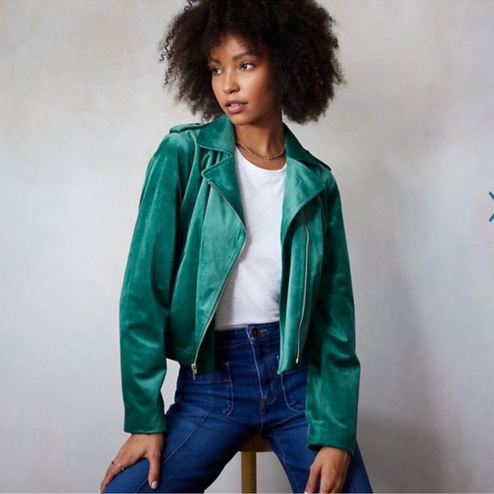 LC Lauren Conrad Collared Long Sleeve Full Zip Velvet Moto Jacket Green XXL NWT